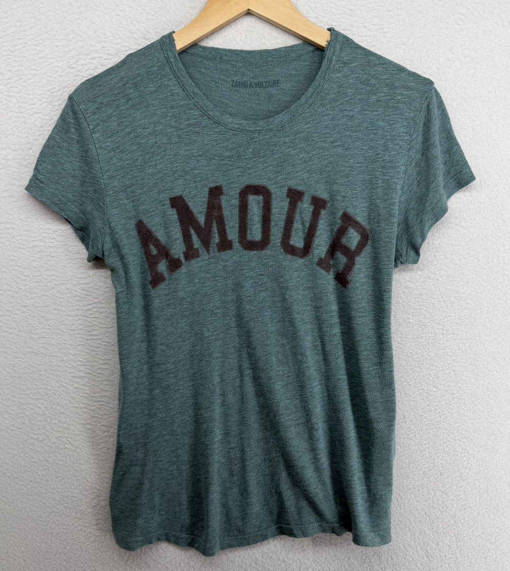 ZADIG & VOLTAIRE Top XS Amour Walk Chine Overdyed Tee Cotton Blend Blue